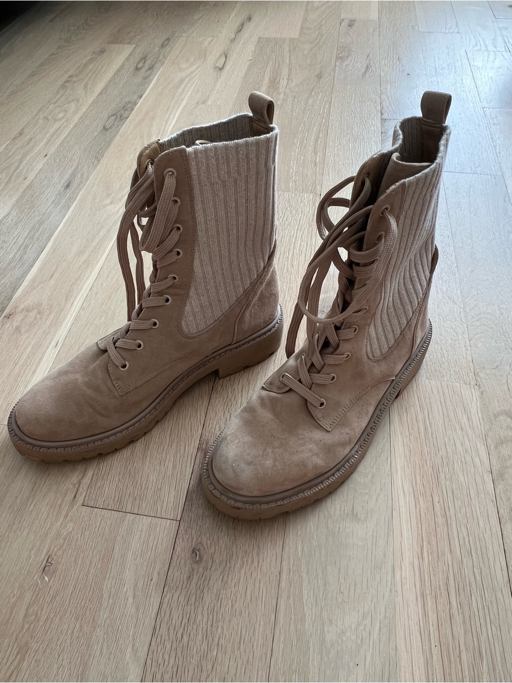 Sam Edelman Tan Lace-Up Ribbed Suede Combat Boots